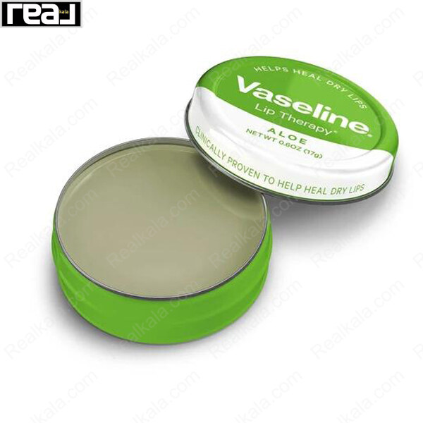 قوطی باز شده بالم لب Vaseline Aloe با ژل بی‌رنگ و نوشته Clinically Proven