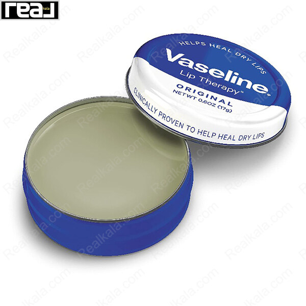 قوطی باز شده بالم لب وازلین Original با ژل بی‌رنگ و نوشته Clinically Proven