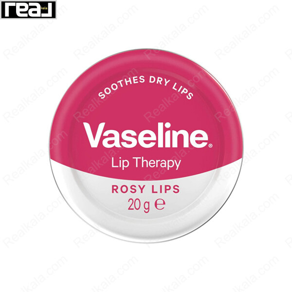 بالم لب وازلین مدل Rosy Lips در قوطی فلزی صورتی و سفید با نوشته Soothes Dry Lips