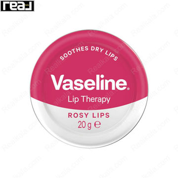 بالم لب وازلین مدل Rosy Lips در قوطی فلزی صورتی و سفید با نوشته Soothes Dry Lips