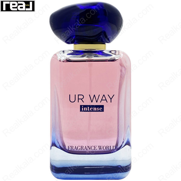 شیشه صورتی–آبی ادکلن UR WAY intense از برند Fragrance World با درب سرمه ای