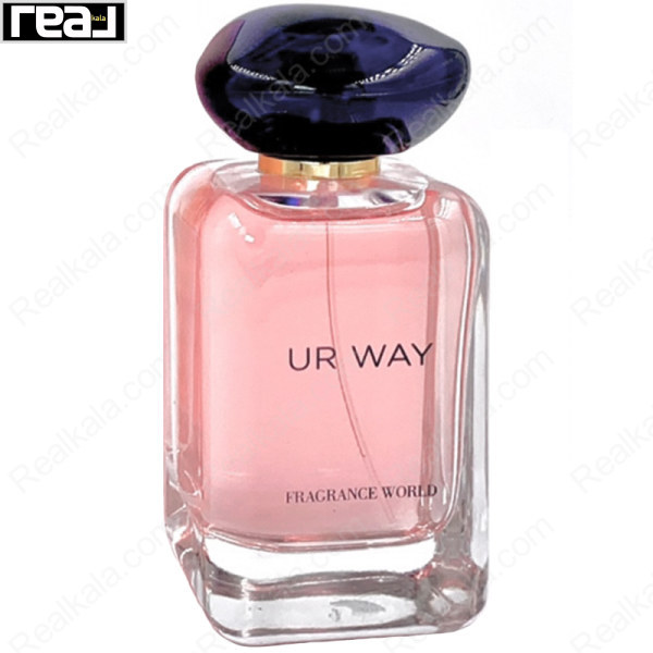 شیشه صورتی ادکلن UR WAY از برند Fragrance World با درب آبی تیره