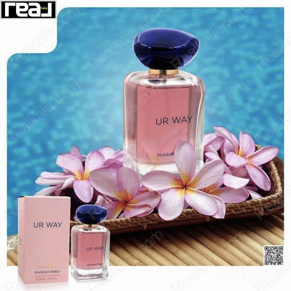 بسته‌بندی گل‌دار ادکلن UR WAY با رنگ صورتی و آبی تیره