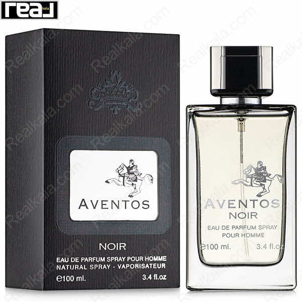 بسته‌بندی مشکی ادکلن Aventos Noir با طراحی سلطنتی و لوگوی سوارکار
