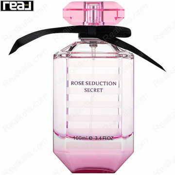 شیشه صورتی ادکلن Rose Seduction Secret از برند Fragrance World با درب کریستالی و روبان مشکی