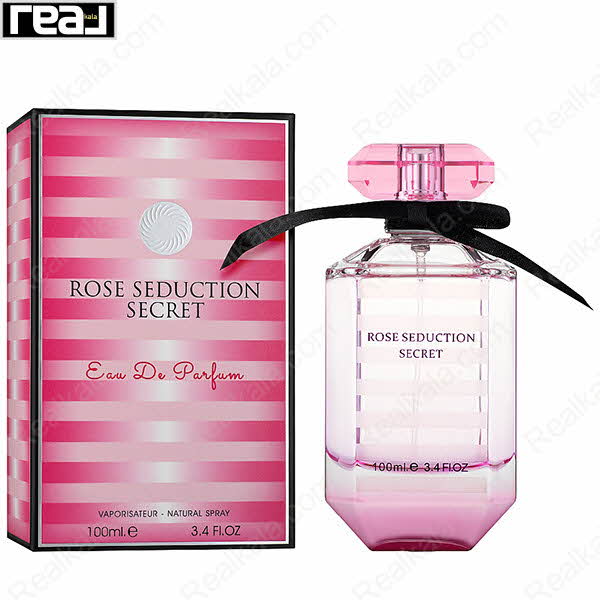 بسته‌بندی صورتی راه‌راه ادکلن Rose Seduction Secret از برند Fragrance World با طراحی زنانه و شیک