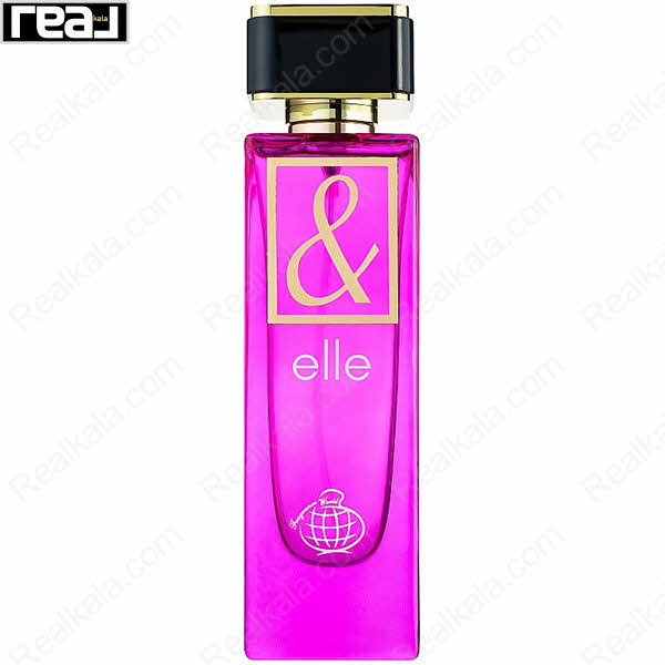 شیشه صورتی ادکلن Elle از برند Fragrance World با نماد طلایی و درب مشکی