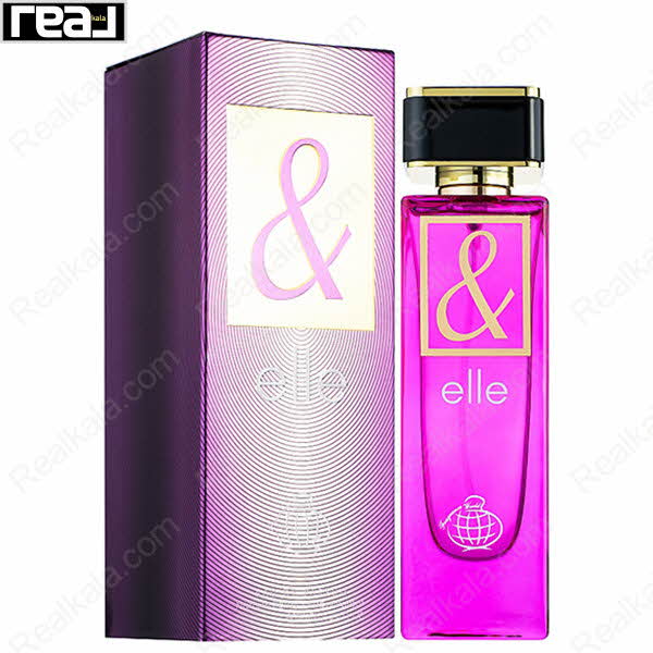 بسته‌بندی گرافیکی صورتی–بنفش ادکلن Elle از برند Fragrance World با طراحی مدرن