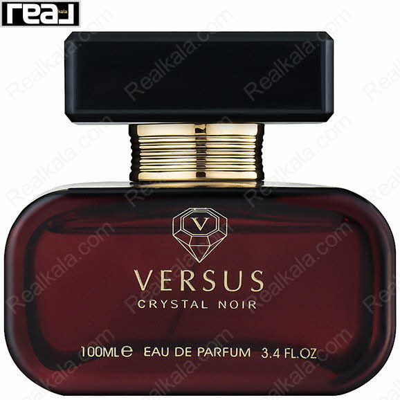 شیشه قرمز تیره ادکلن Versus Crystal Noir از برند Fragrance World با درب مشکی و جزئیات طلایی