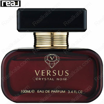 شیشه قرمز تیره ادکلن Versus Crystal Noir از برند Fragrance World با درب مشکی و جزئیات طلایی
