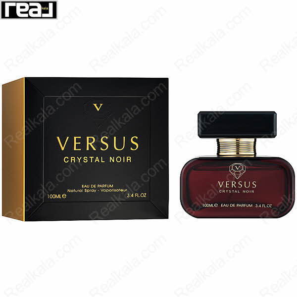 بسته‌بندی مشکی–طلایی ادکلن Versus Crystal Noir از برند Fragrance World با طراحی کلاسیک