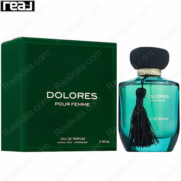 بسته‌بندی سبز تیره ادکلن Dolores Pour Femme از برند Fragrance World با نوشته‌های طلایی