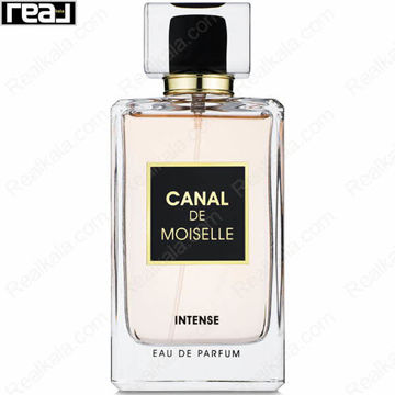 شیشه شفاف ادکلن Canal De Moiselle Intense از برند Fragrance World با لیبل مشکی