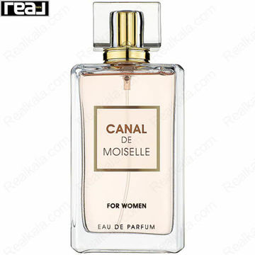 شیشه شفاف ادکلن Canal De Moiselle از برند Fragrance World با مایع شفاف و درب طلایی