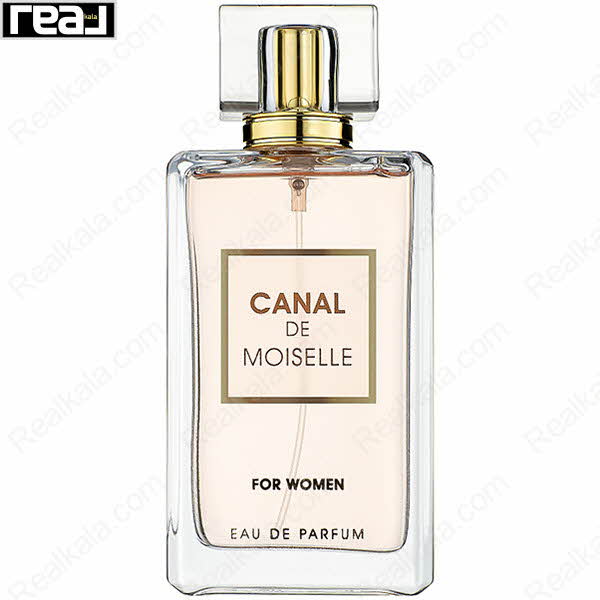 شیشه شفاف ادکلن Canal De Moiselle از برند Fragrance World با مایع شفاف و درب طلایی