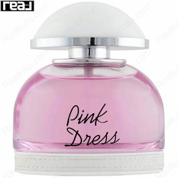 شیشه شفاف ادکلن Pink Dress از برند Fragrance World با مایع صورتی و درب سفید