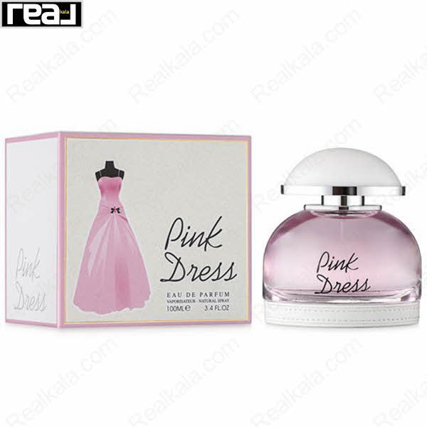بسته‌بندی ادکلن Pink Dress از برند Fragrance World با تصویر لباس صورتی و طراحی دخترانه
