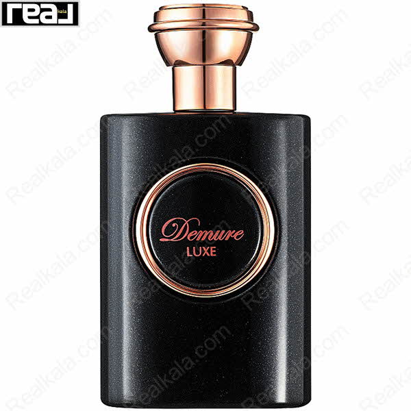 شیشه مشکی ادکلن Demure Luxe از برند Fragrance World با لیبل قرمز–طلایی و درب رزگلد