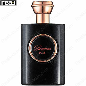 شیشه مشکی ادکلن Demure Luxe از برند Fragrance World با لیبل قرمز–طلایی و درب رزگلد