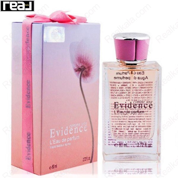 بسته‌بندی صورتی و گل‌دار ادکلن Fragrance World Evidence همراه با بطری