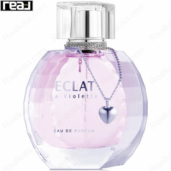 بطری شفاف ادکلن ECLAT La Violette زنانه Fragrance World با مایع بنفش و آویز قلب