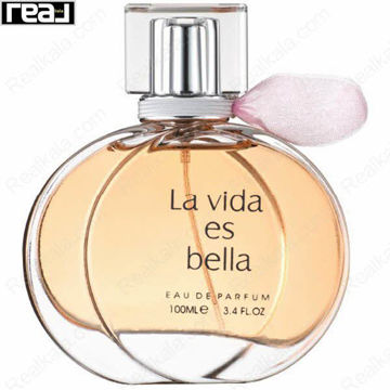 بطری شفاف ادکلن La Vida Es Bella زنانه Fragrance World با مایع هلویی و روبان صورتی