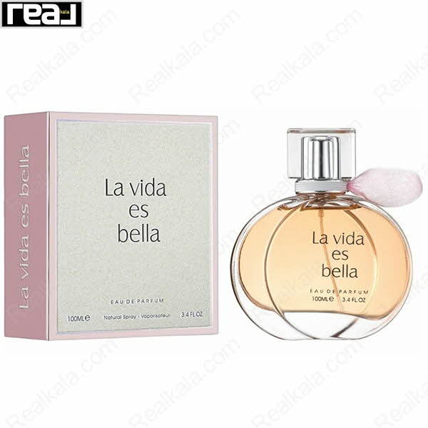بسته‌بندی صورتی ادکلن La Vida Es Bella زنانه Fragrance World همراه با بطری