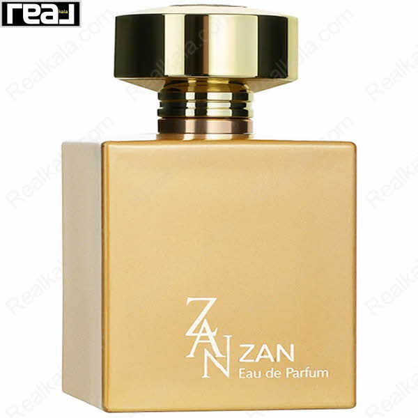 بطری طلایی ادکلن ZAN زنانه Fragrance World با طراحی مربعی و درب فلزی