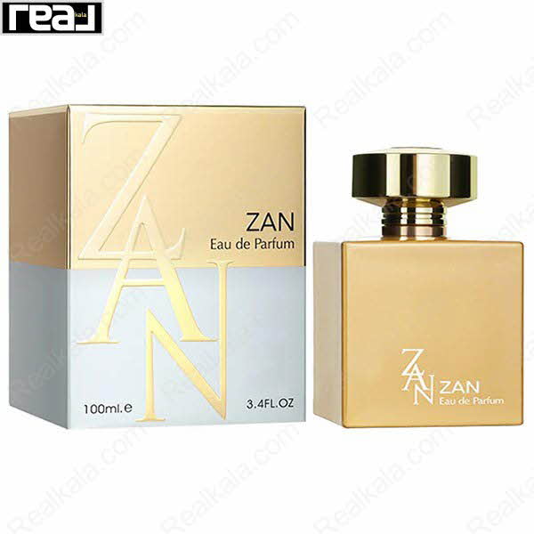 بسته‌بندی طلایی ادکلن ZAN زنانه Fragrance World همراه با بطری