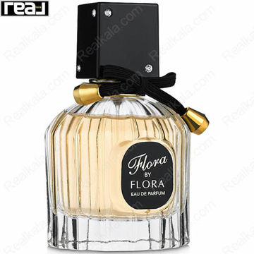 بطری شفاف ادکلن Flora by Flora زنانه Fragrance World با مایع کهربایی و درب نگین‌دار
