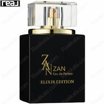 بطری مشکی ادکلن ZAN Elixir Edition زنانه Fragrance World با درب شفاف و جزئیات طلایی