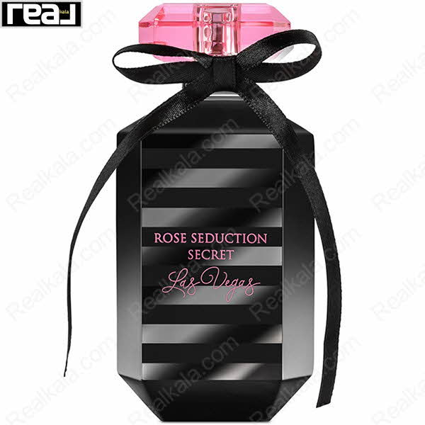 بطری مشکی ادکلن Rose Seduction Secret Las Vegas زنانه Fragrance World با درب صورتی و روبان مشکی