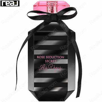 بطری مشکی ادکلن Rose Seduction Secret Las Vegas زنانه Fragrance World با درب صورتی و روبان مشکی