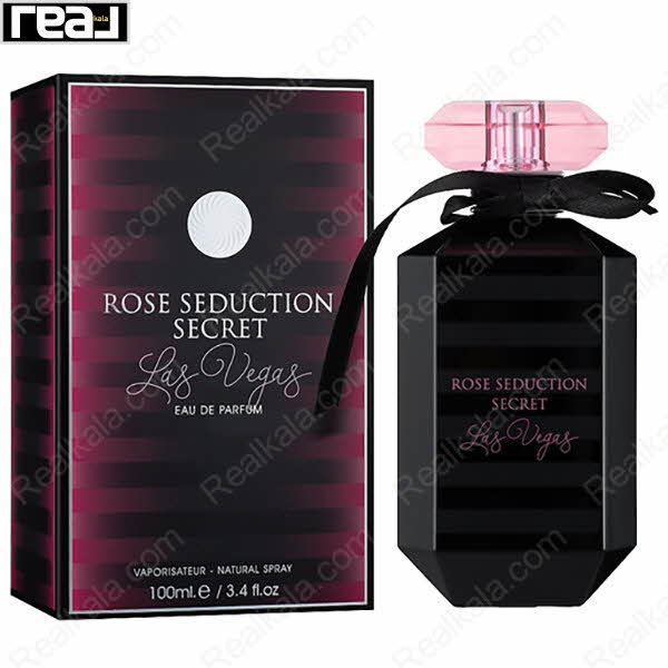بسته‌بندی مشکی–صورتی ادکلن Rose Seduction Secret Las Vegas زنانه Fragrance World همراه با بطری