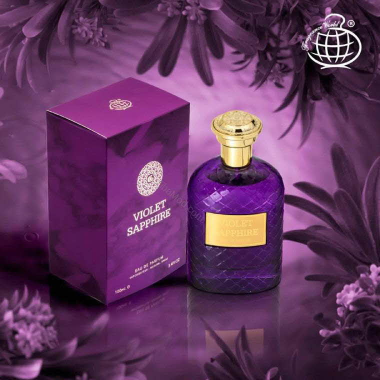 بسته‌بندی بنفش ادکلن Violet Sapphire زنانه Fragrance World همراه با بطری
