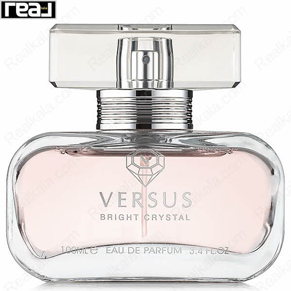 بطری شفاف ادکلن Versus Bright Crystal زنانه Fragrance World با مایع صورتی و درب کریستالی