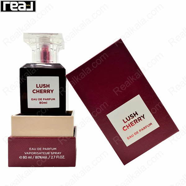 بسته‌بندی جگری ادکلن Lush Cherry زنانه Fragrance World همراه با بطری