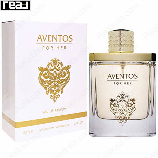 بسته‌بندی سفید–طلایی ادکلن Aventos For Her زنانه Fragrance World همراه با بطری