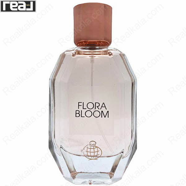 بطری شفاف ادکلن Flora Bloom زنانه Fragrance World با مایع شفاف و درب رزگلد