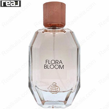 بطری شفاف ادکلن Flora Bloom زنانه Fragrance World با مایع شفاف و درب رزگلد