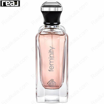 بطری شفاف ادکلن Feminity زنانه Fragrance World با مایع صورتی و درب مشکی–نقره‌ای
