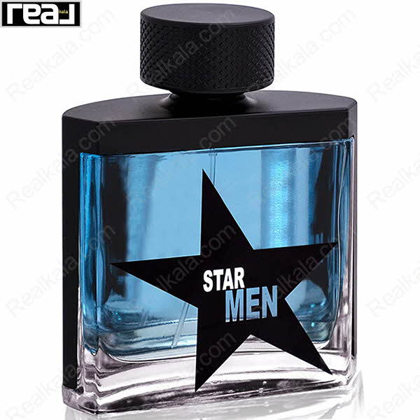 بطری مشکی ادکلن Star Men مردانه Fragrance World با مایع آبی و ستاره برجسته
