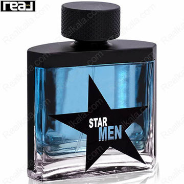 بطری مشکی ادکلن Star Men مردانه Fragrance World با مایع آبی و ستاره برجسته