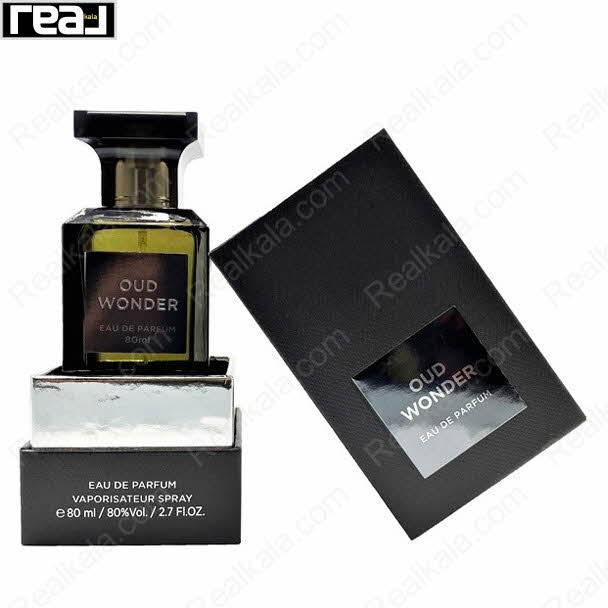 بسته‌بندی مشکی ادکلن Oud Wonder فرگرانس ورد همراه با بطری