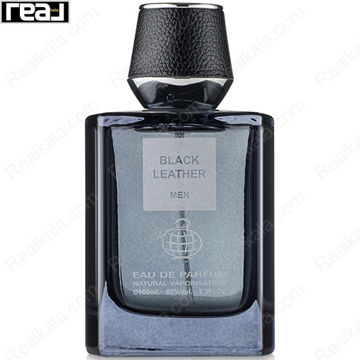 بطری مشکی ادکلن Black Leather مردانه Fragrance World با مایع آبی و درب بافت‌دار