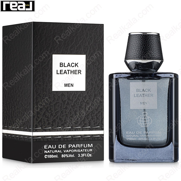 بسته‌بندی چرمی ادکلن Black Leather مردانه Fragrance World همراه با بطری