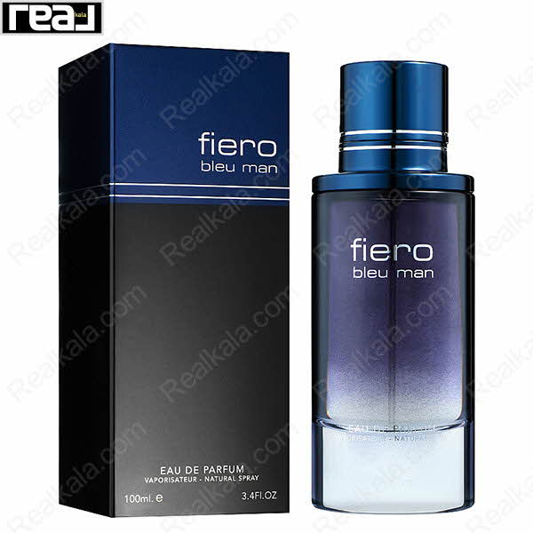 بسته‌بندی مشکی–آبی ادکلن Fiero Bleu Man مردانه Fragrance World همراه با بطری
