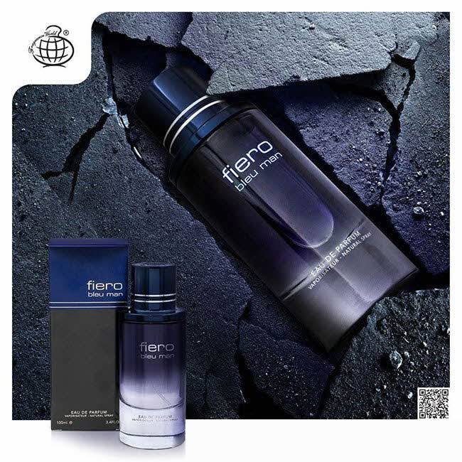 تبلیغات ادکلن Fiero Bleu Man مردانه Fragrance World با دو بطری در پس‌زمینه سنگی