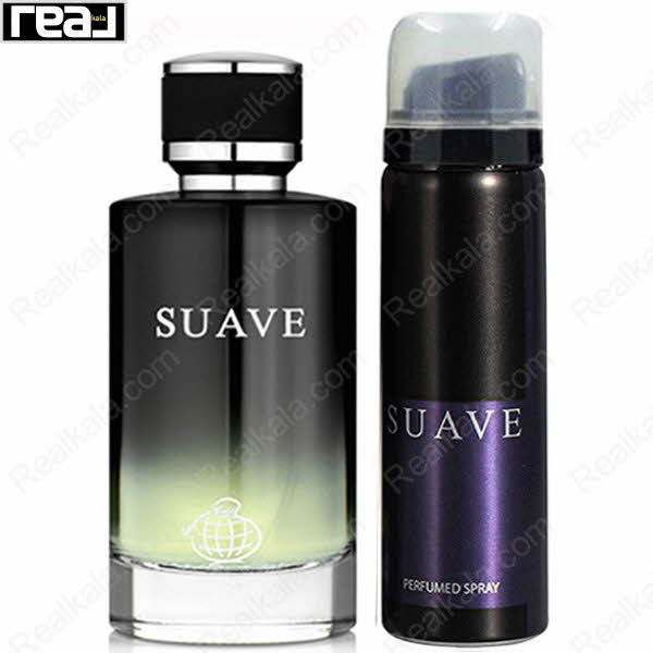 بطری ادکلن و اسپری بدن ست Suave مردانه Fragrance World با طراحی مشکی و سرمه ای