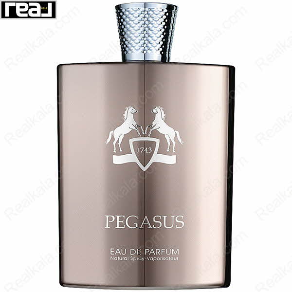 شیشه فلزی ادکلن Pegasus از برند Fragrance World با طراحی سلطنتی و لوگوی اسب‌ها